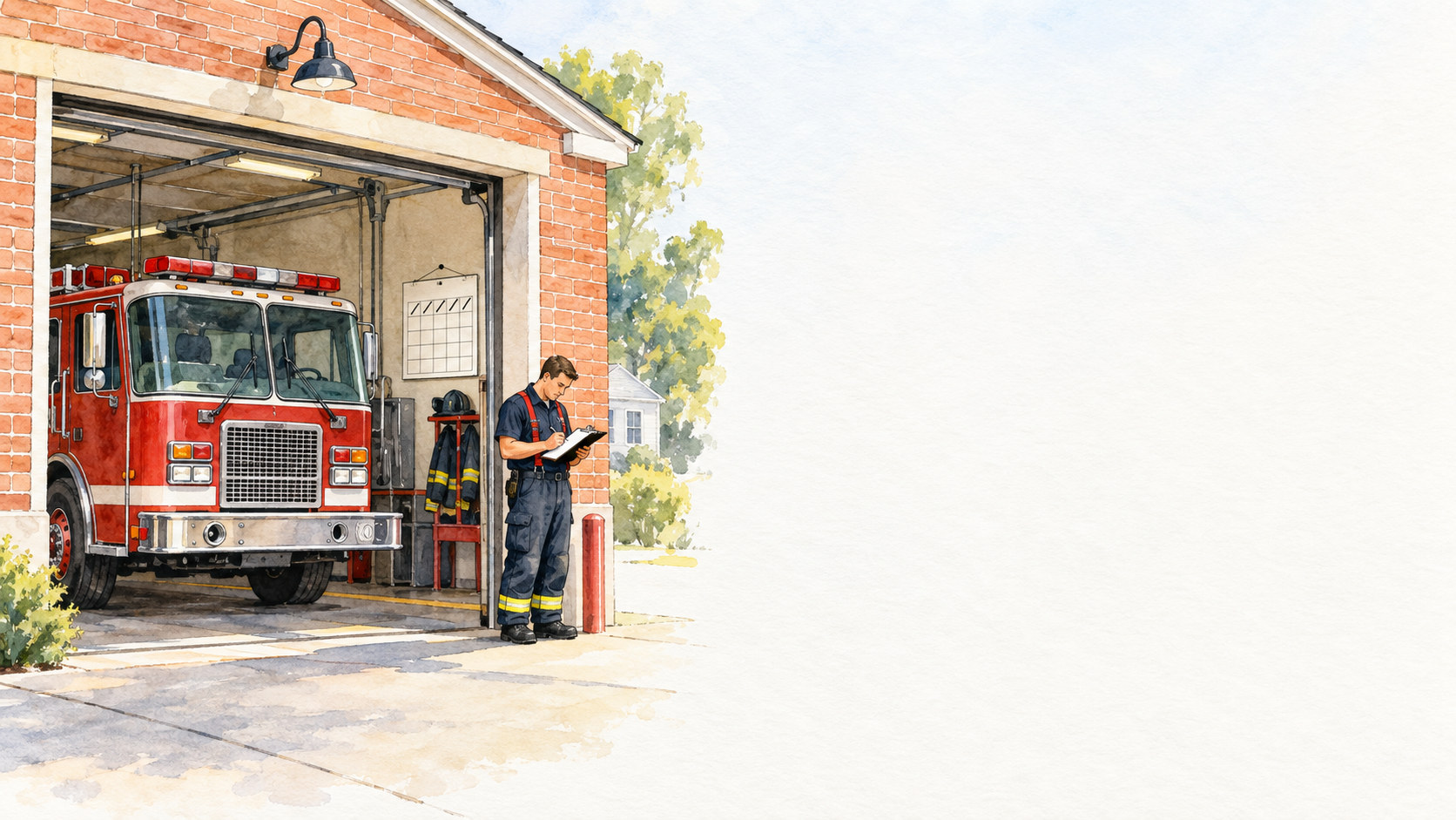 A firefighter writing in a logbook beside a fire engine in an open station bay