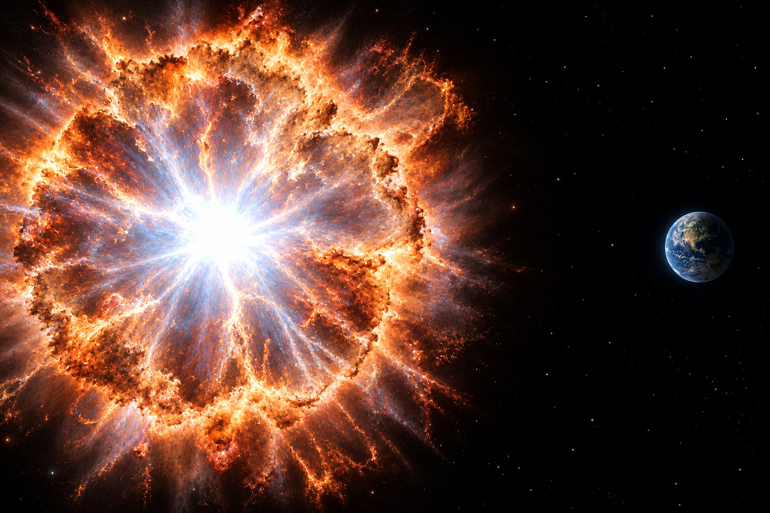 A hypothetical supernova of the sun seen from space, with the Earth at the right