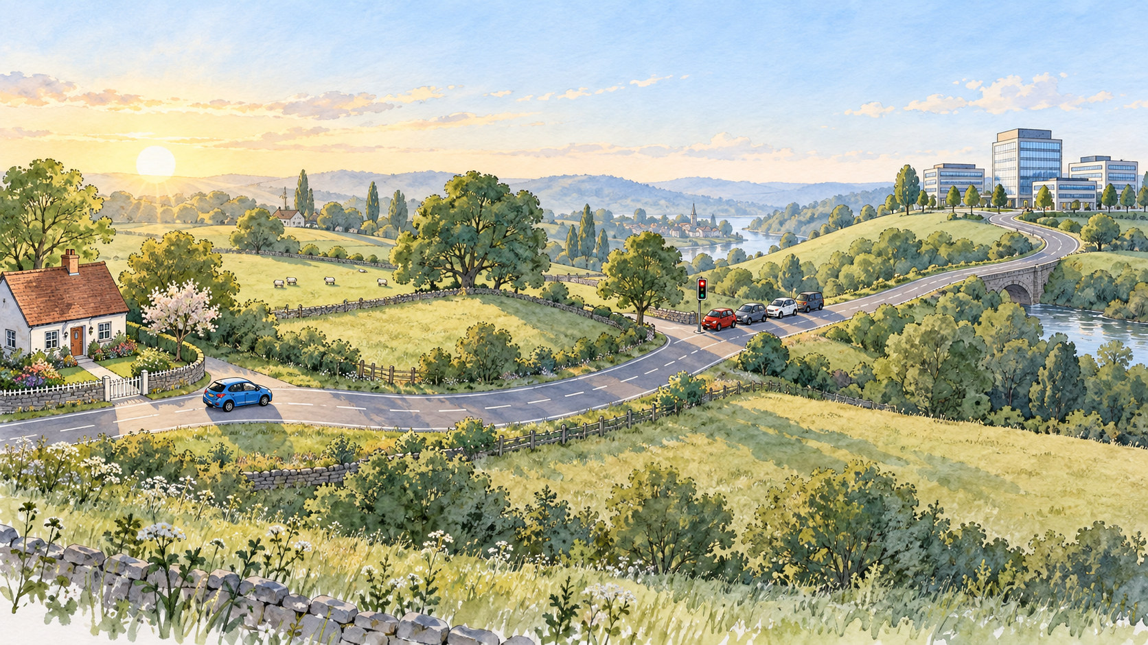 A car leaving a house on a winding road that passes a traffic light on its way to office buildings