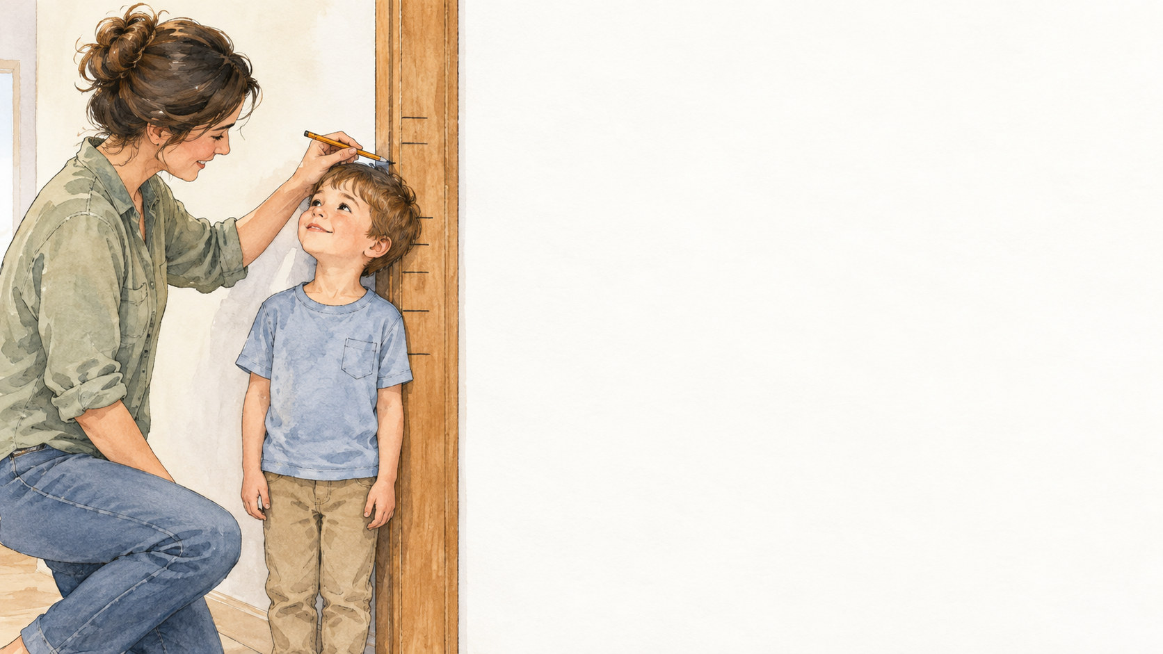 A parent marking a child's height on a door frame