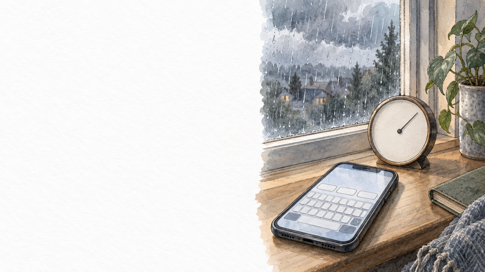 A rainy window and a phone keyboard on the sill